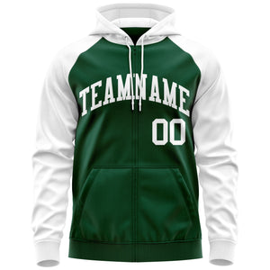 Custom Stitched Green White Raglan Sleeves Sports Full-Zip Sweatshirt Hoodie