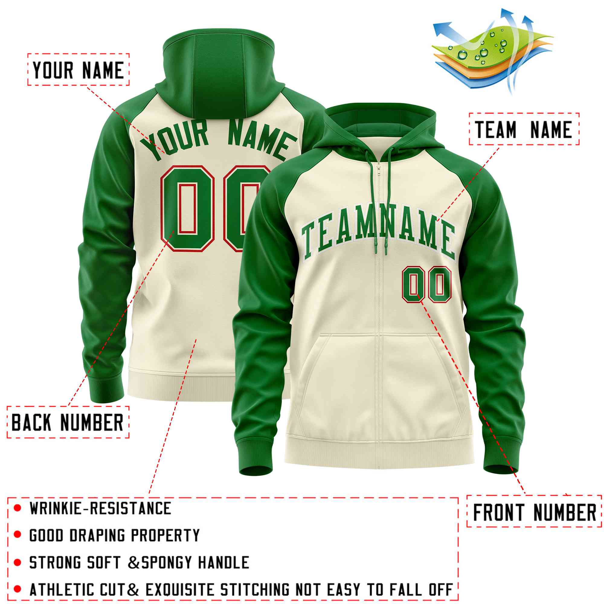 Custom Stitched Cream Kelly Green Raglan Sleeves Sports Full-Zip Sweatshirt Hoodie