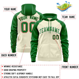 Custom Stitched Cream Kelly Green Raglan Sleeves Sports Full-Zip Sweatshirt Hoodie