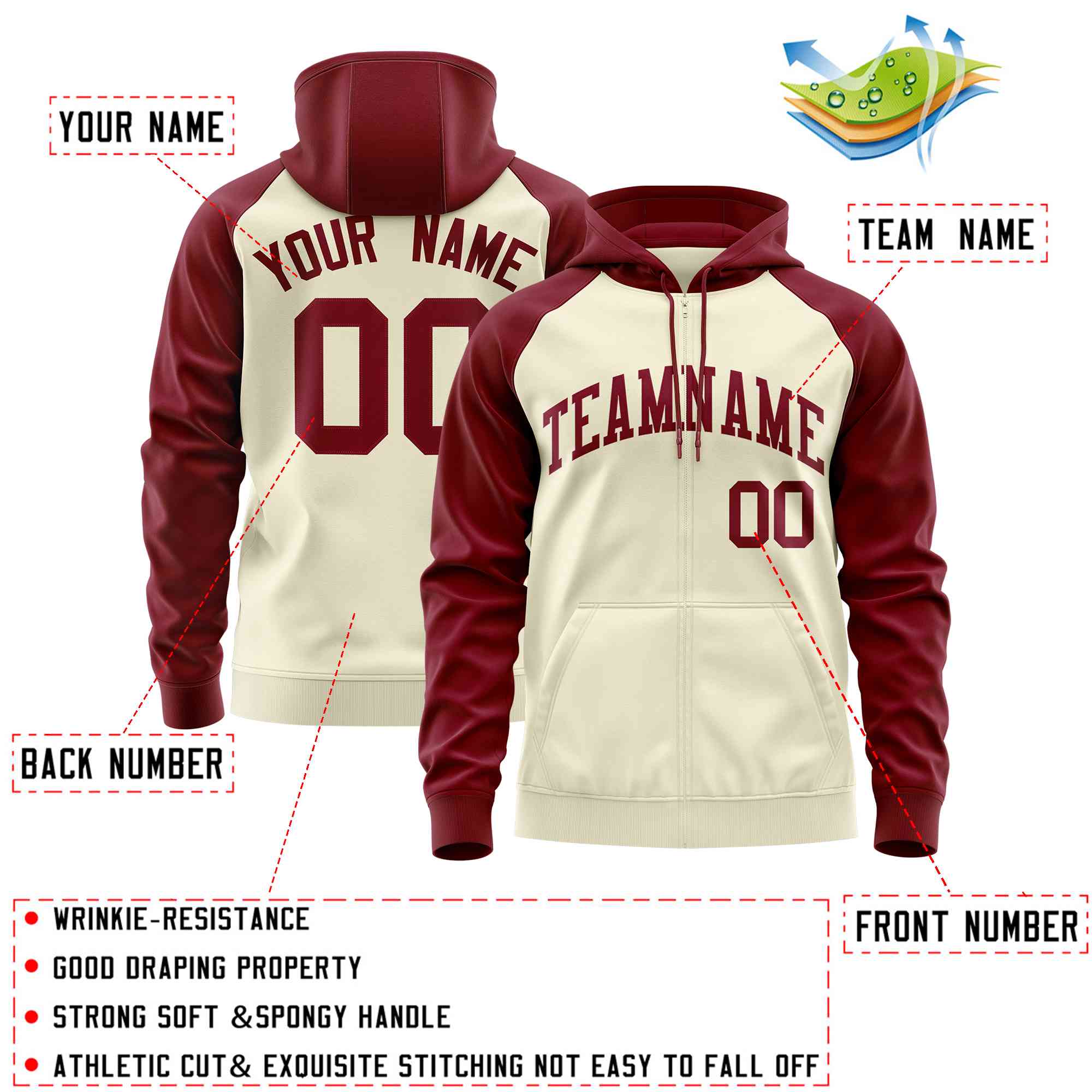 Custom Stitched Cream Crimson Raglan Sleeves Sports Full-Zip Sweatshirt Hoodie