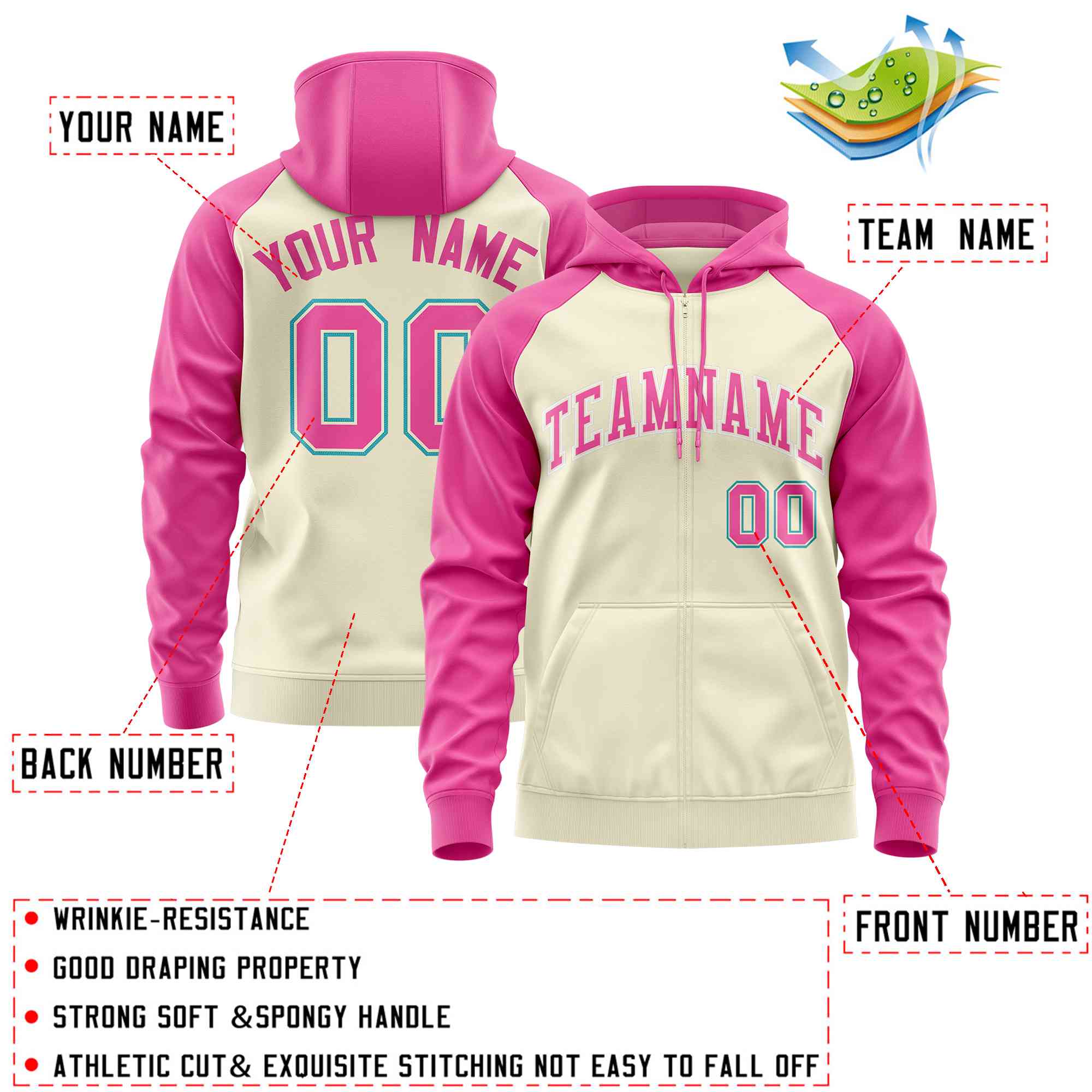 Custom Stitched Cream Pink Raglan Sleeves Sports Full-Zip Sweatshirt Hoodie