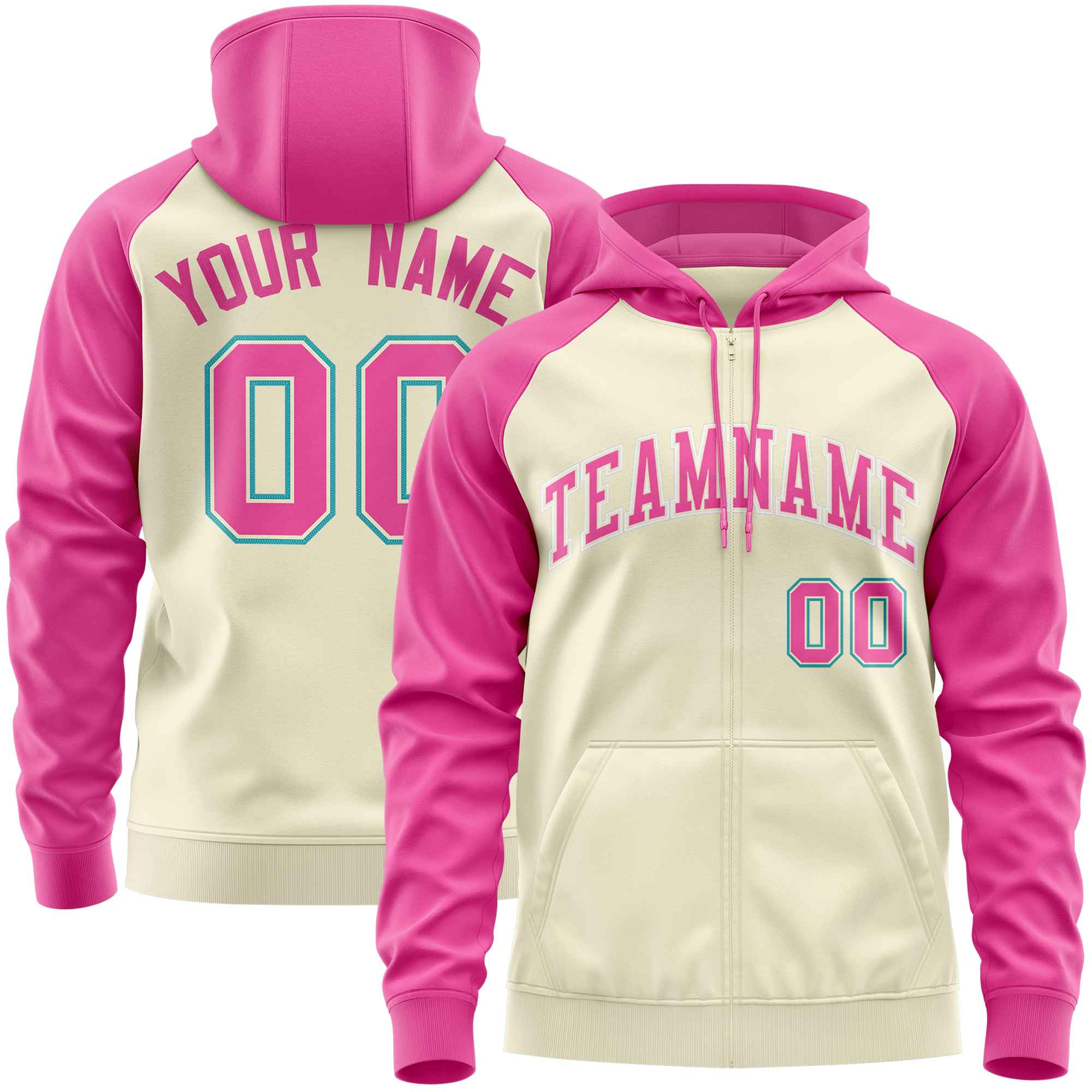 Custom Stitched Cream Pink Raglan Sleeves Sports Full-Zip Sweatshirt Hoodie