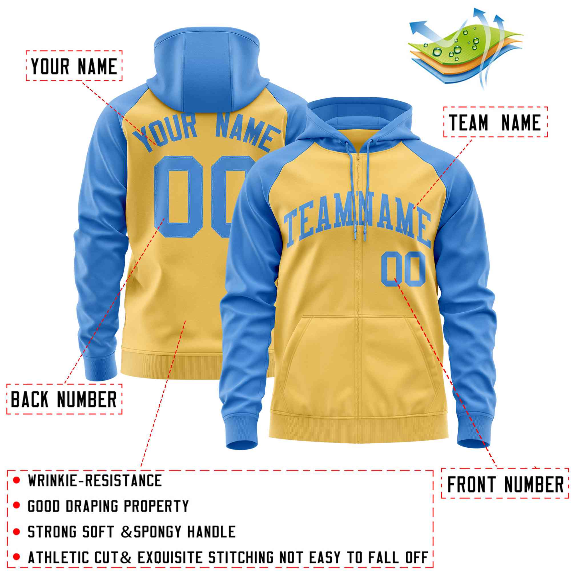 Custom Stitched Yellow Powder Blue Raglan Sleeves Sports Full-Zip Sweatshirt Hoodie