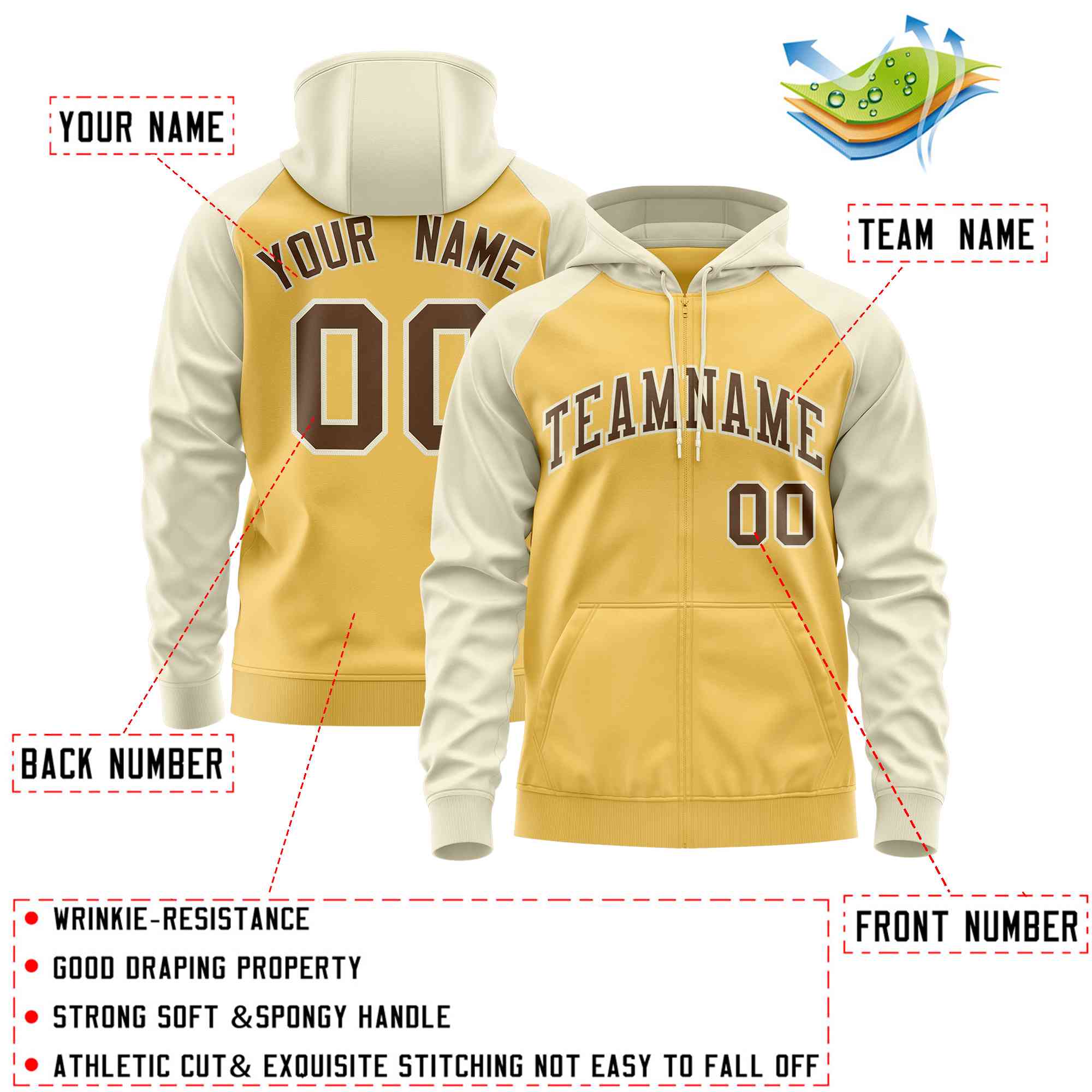 Custom Stitched Yellow Cream-Light Brown Raglan Sleeves Sports Full-Zip Sweatshirt Hoodie