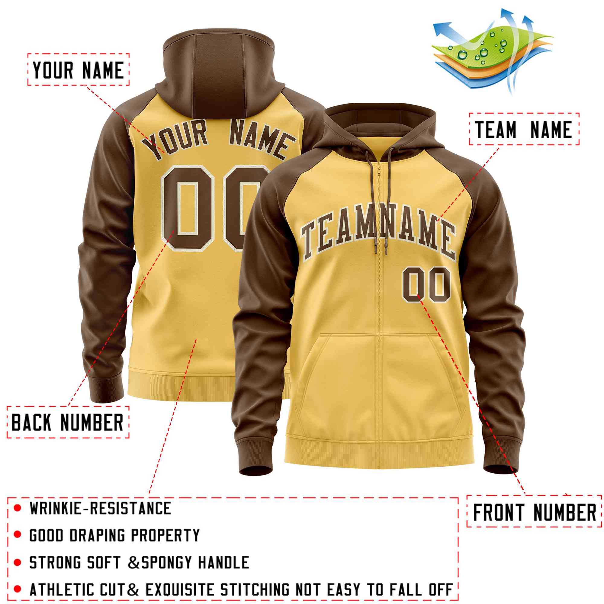 Custom Stitched Yellow Light Brown Raglan Sleeves Sports Full-Zip Sweatshirt Hoodie