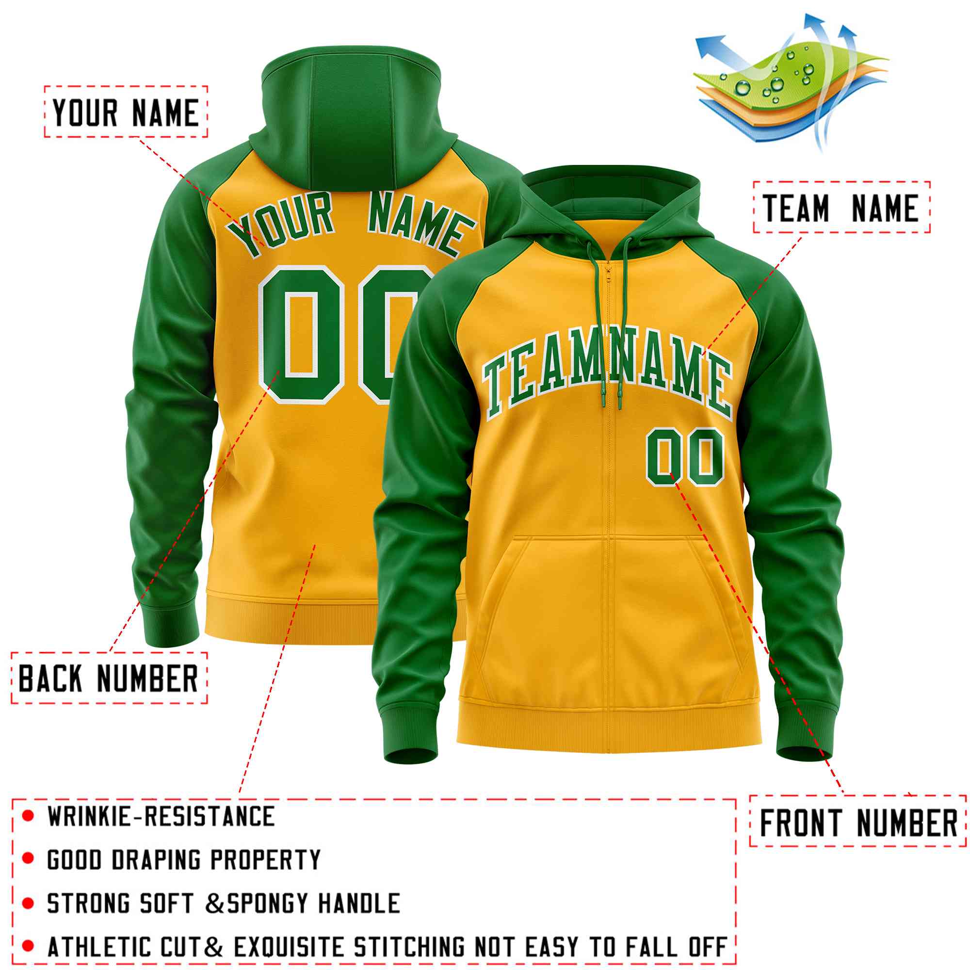 Custom Stitched Gold Kelly Green Raglan Sleeves Sports Full-Zip Sweatshirt Hoodie