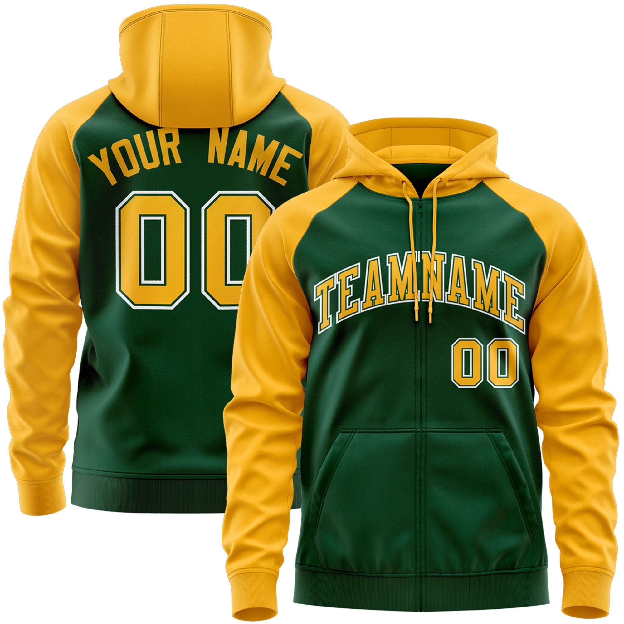 Custom Stitched Green Gold-White Raglan Sleeves Sports Full-Zip Sweatshirt Hoodie