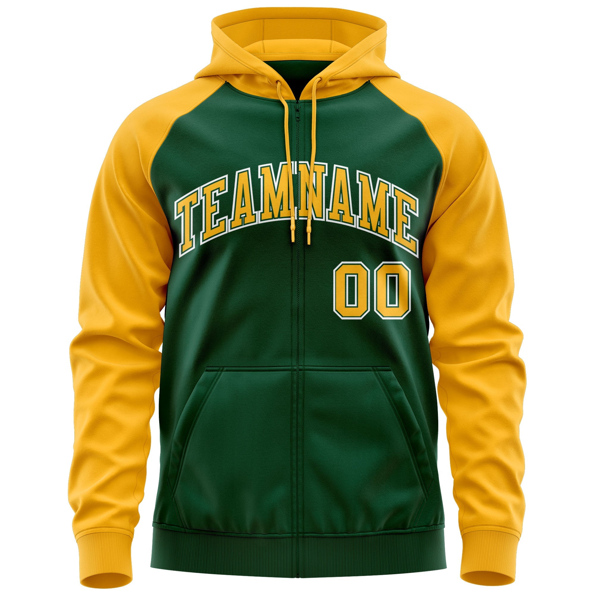 Custom Stitched Green Gold-White Raglan Sleeves Sports Full-Zip Sweatshirt Hoodie