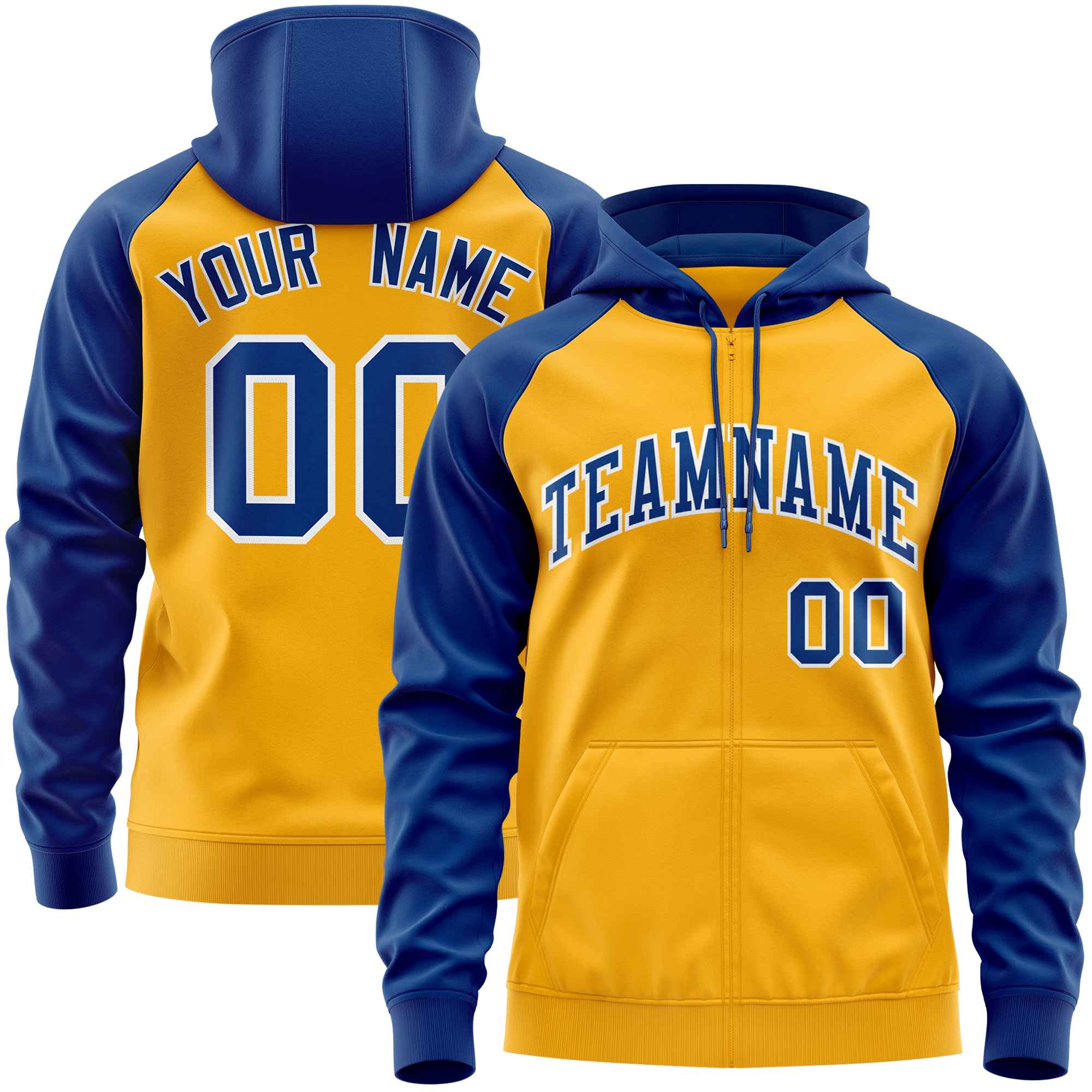 Custom Stitched Gold Royal Raglan Sleeves Sports Full-Zip Sweatshirt Hoodie