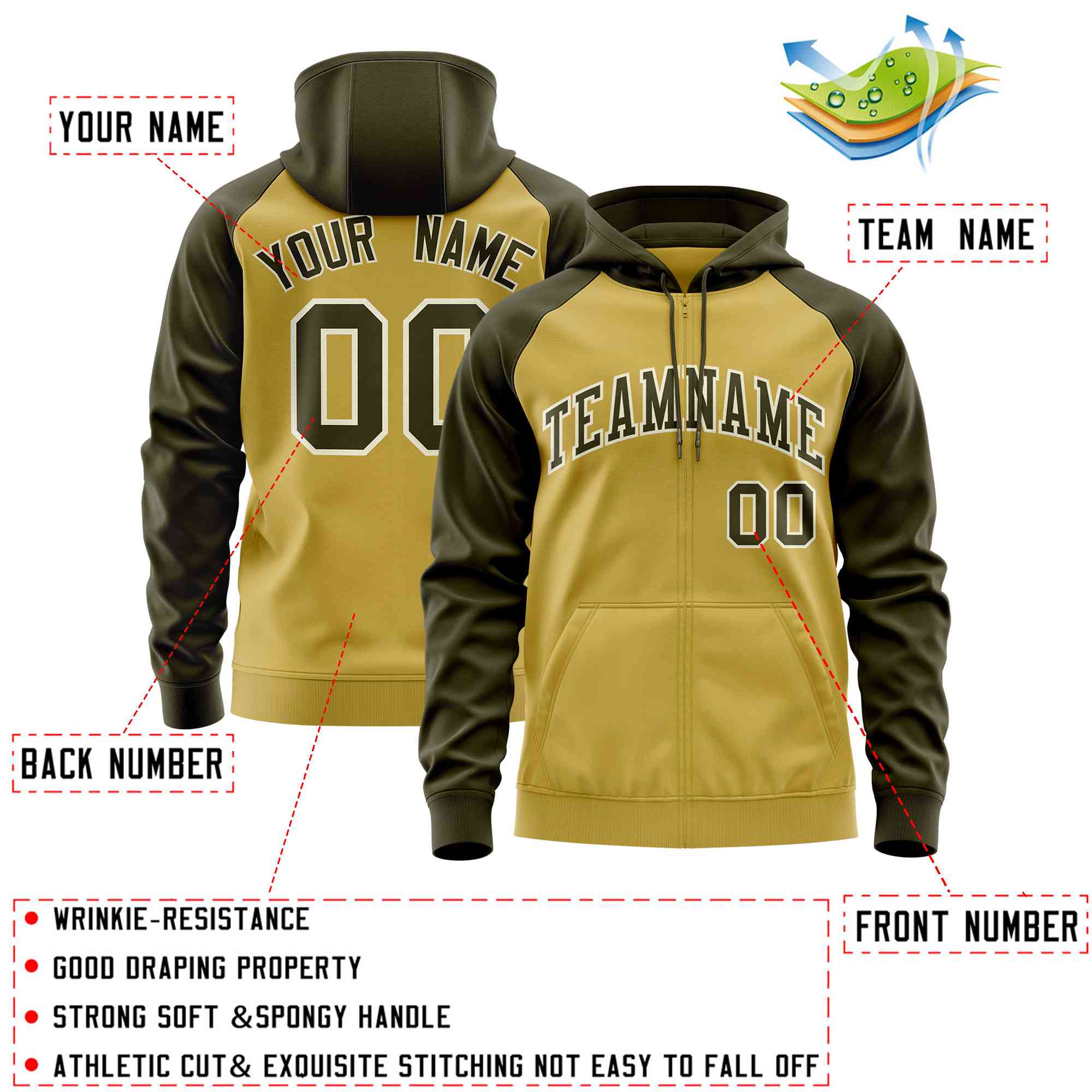 Custom Stitched Old Gold Olive Raglan Sleeves Sports Full-Zip Sweatshirt Hoodie