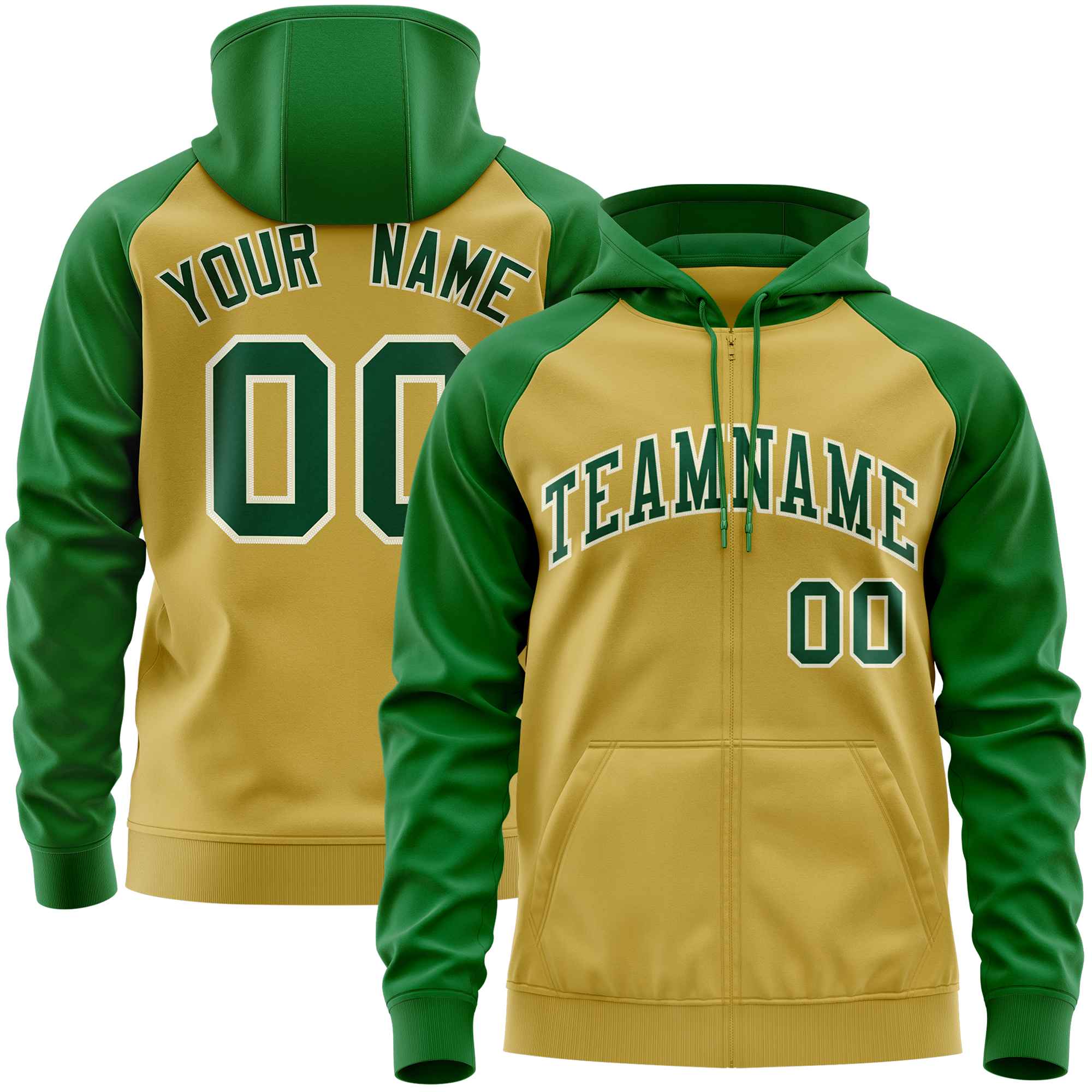 Custom Stitched Old Gold Kelly Green Raglan Sleeves Sports Full-Zip Sweatshirt Hoodie