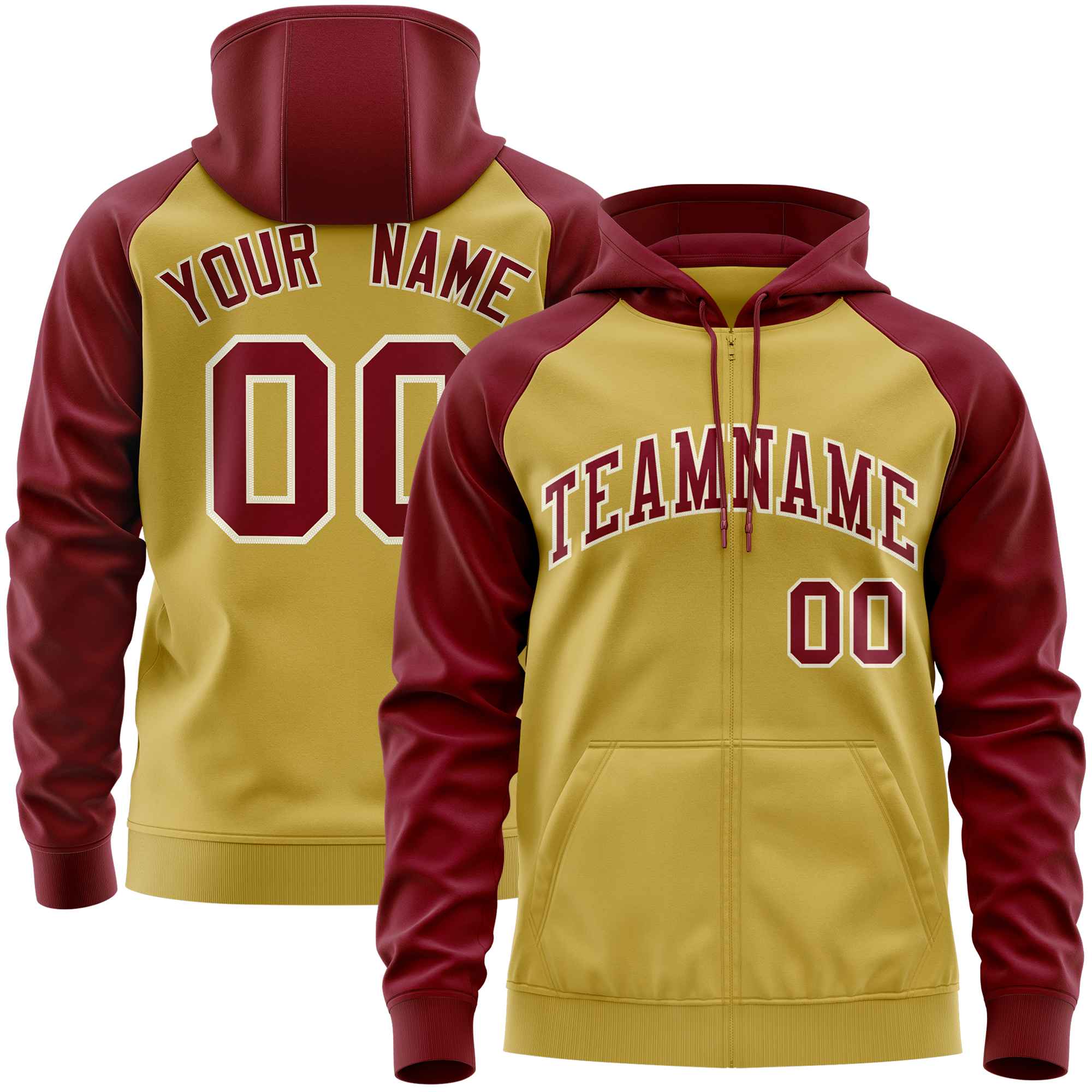 Custom Stitched Old Gold Crimson Raglan Sleeves Sports Full-Zip Sweatshirt Hoodie