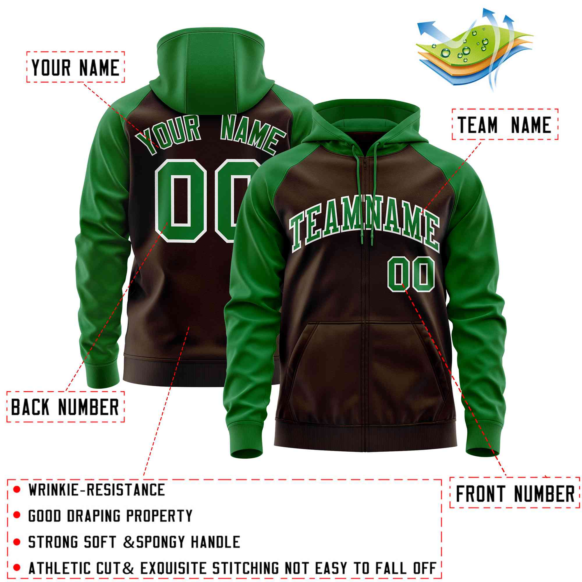 Custom Stitched Brown Kelly Green Raglan Sleeves Sports Full-Zip Sweatshirt Hoodie