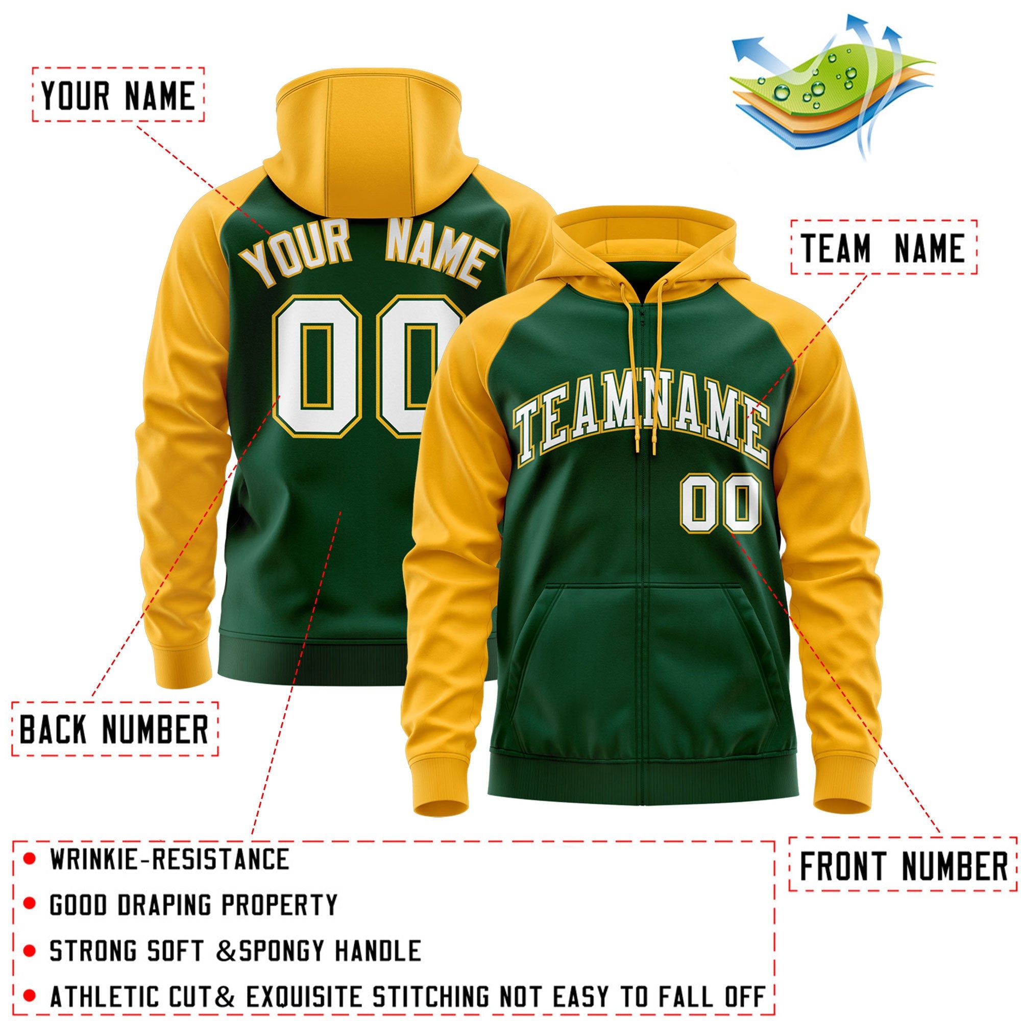 Custom Stitched Green White-Gold Raglan Sleeves Sports Full-Zip Sweatshirt Hoodie