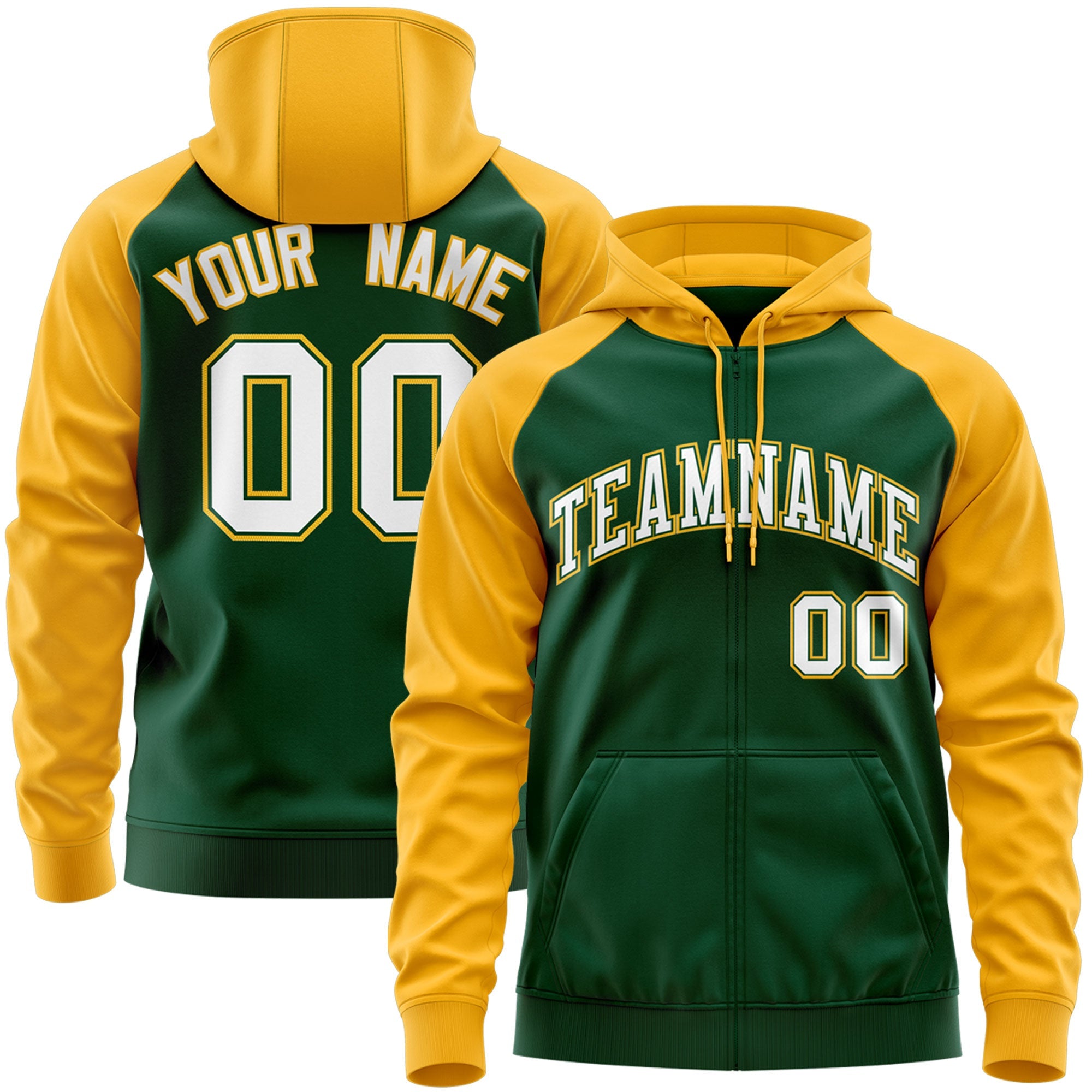 Custom Stitched Green White-Gold Raglan Sleeves Sports Full-Zip Sweatshirt Hoodie