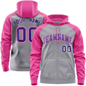 Custom Stitched Light Gray Pink-Purple Raglan Sleeves Sports Full-Zip Sweatshirt Hoodie