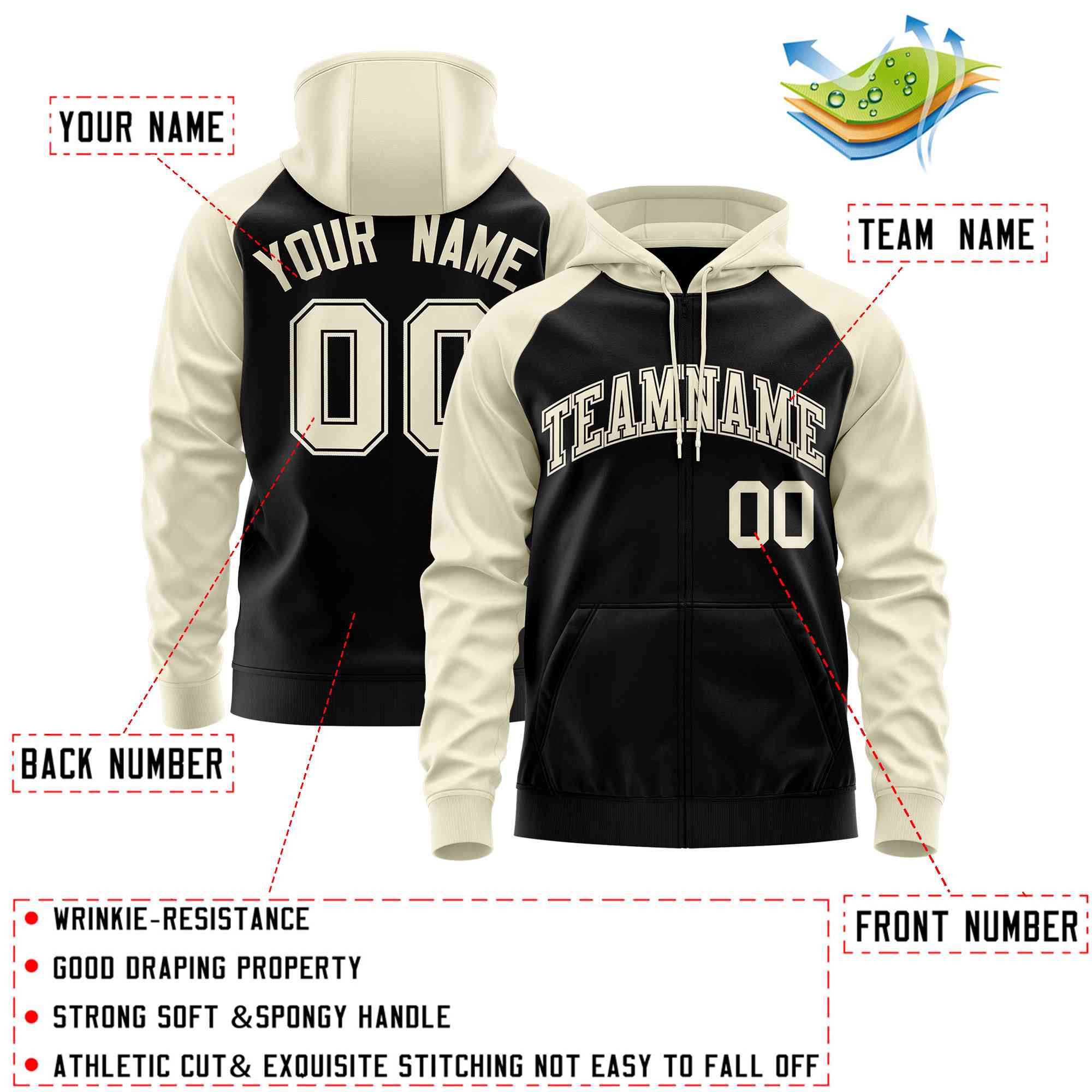 Custom Stitched Black Cream Raglan Sleeves Sports Full-Zip Sweatshirt Hoodie