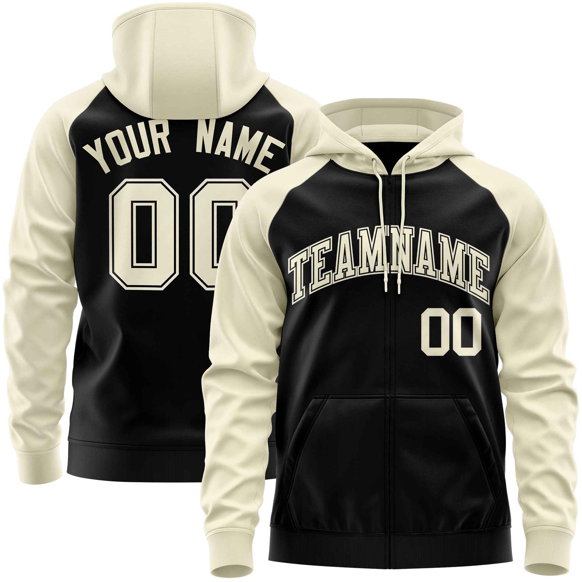 Custom Stitched Black Cream Raglan Sleeves Sports Full-Zip Sweatshirt Hoodie