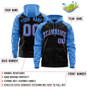 Custom Stitched Black Powder Blue Raglan Sleeves Sports Full-Zip Sweatshirt Hoodie