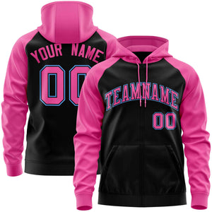 Custom Stitched Black Pink Raglan Sleeves Sports Full-Zip Sweatshirt Hoodie