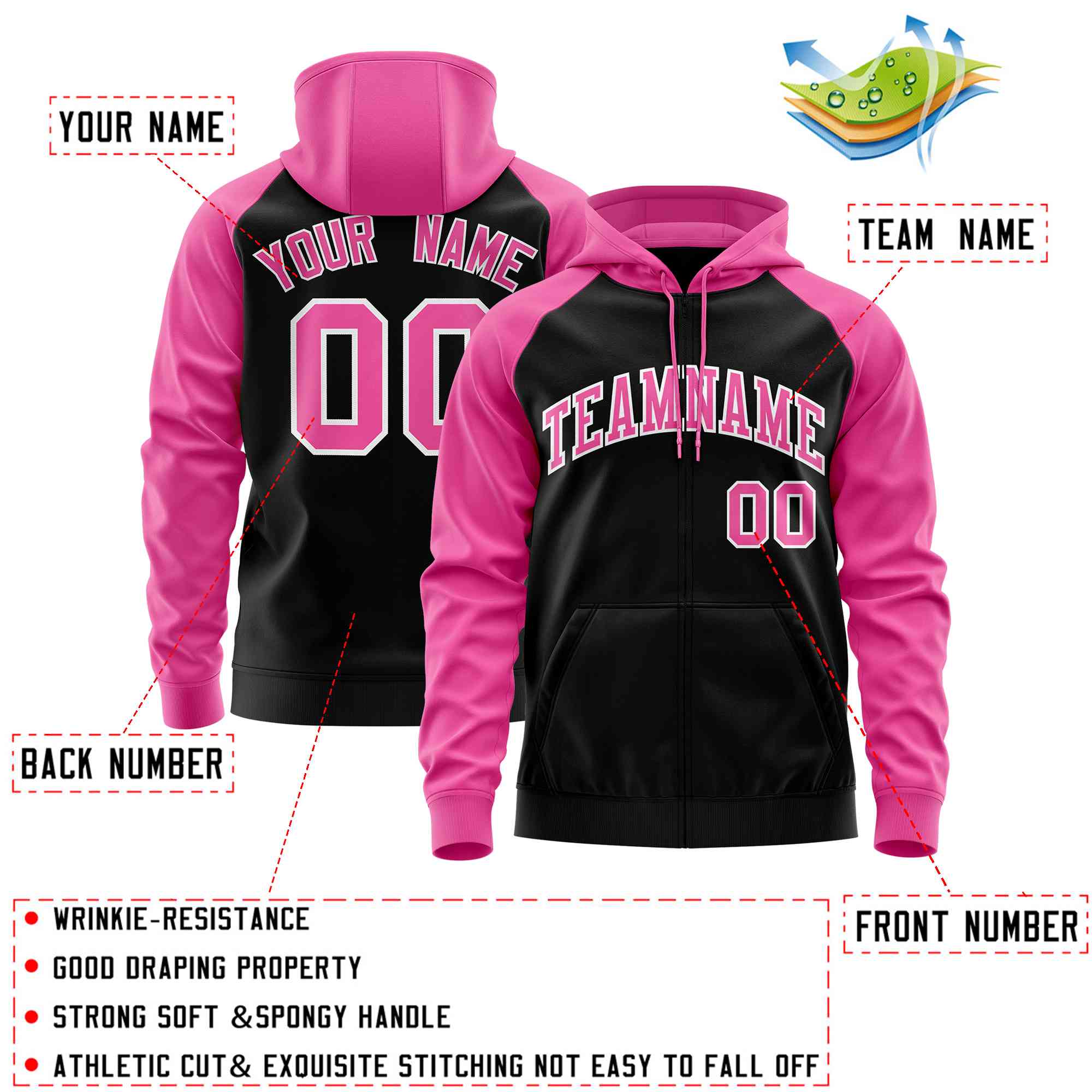 Custom Stitched Black Pink Raglan Sleeves Sports Full-Zip Sweatshirt Hoodie