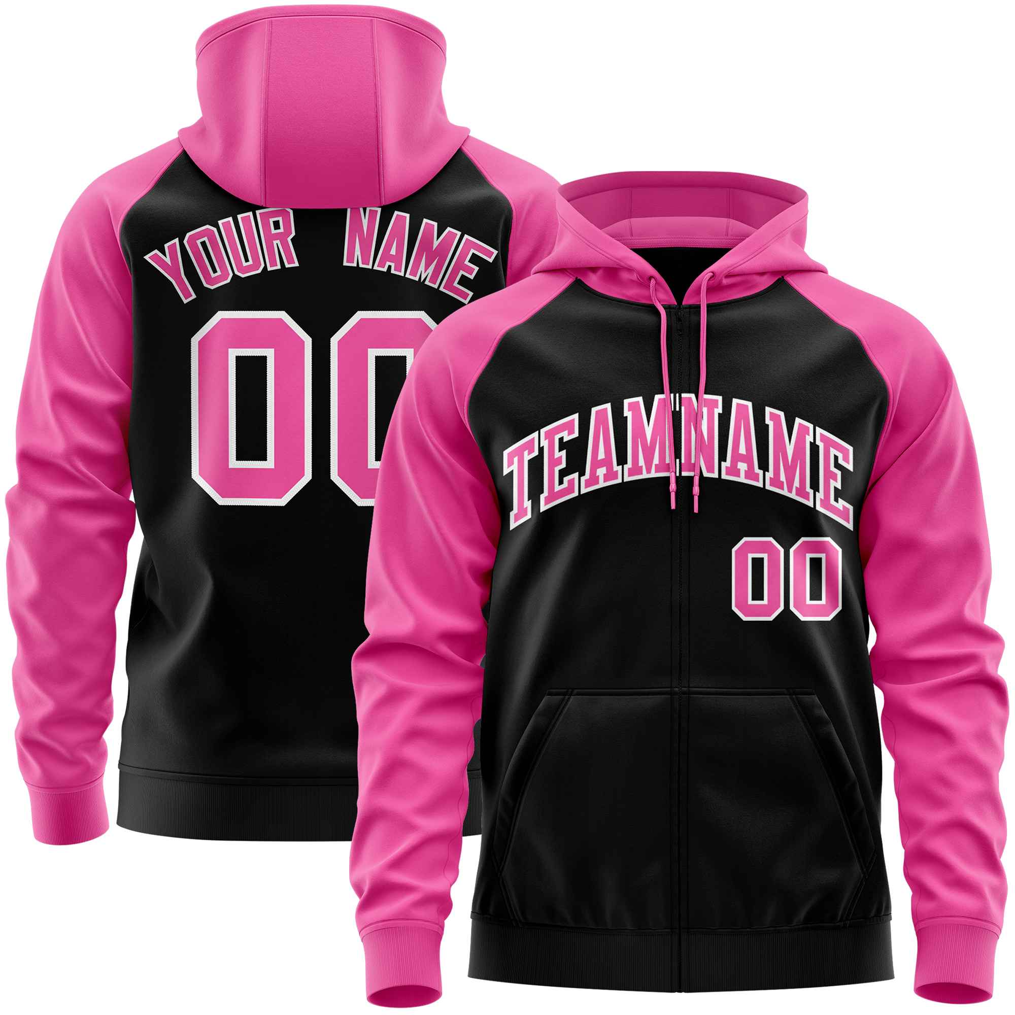 Custom Stitched Black Pink Raglan Sleeves Sports Full-Zip Sweatshirt Hoodie