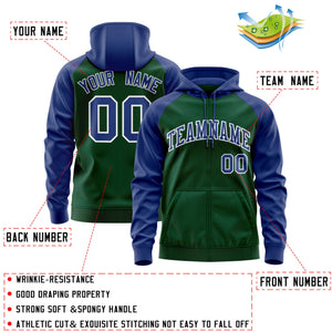 Custom Stitched Green Royal-White Raglan Sleeves Sports Full-Zip Sweatshirt Hoodie