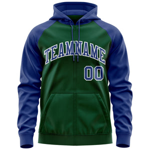 Custom Stitched Green Royal-White Raglan Sleeves Sports Full-Zip Sweatshirt Hoodie