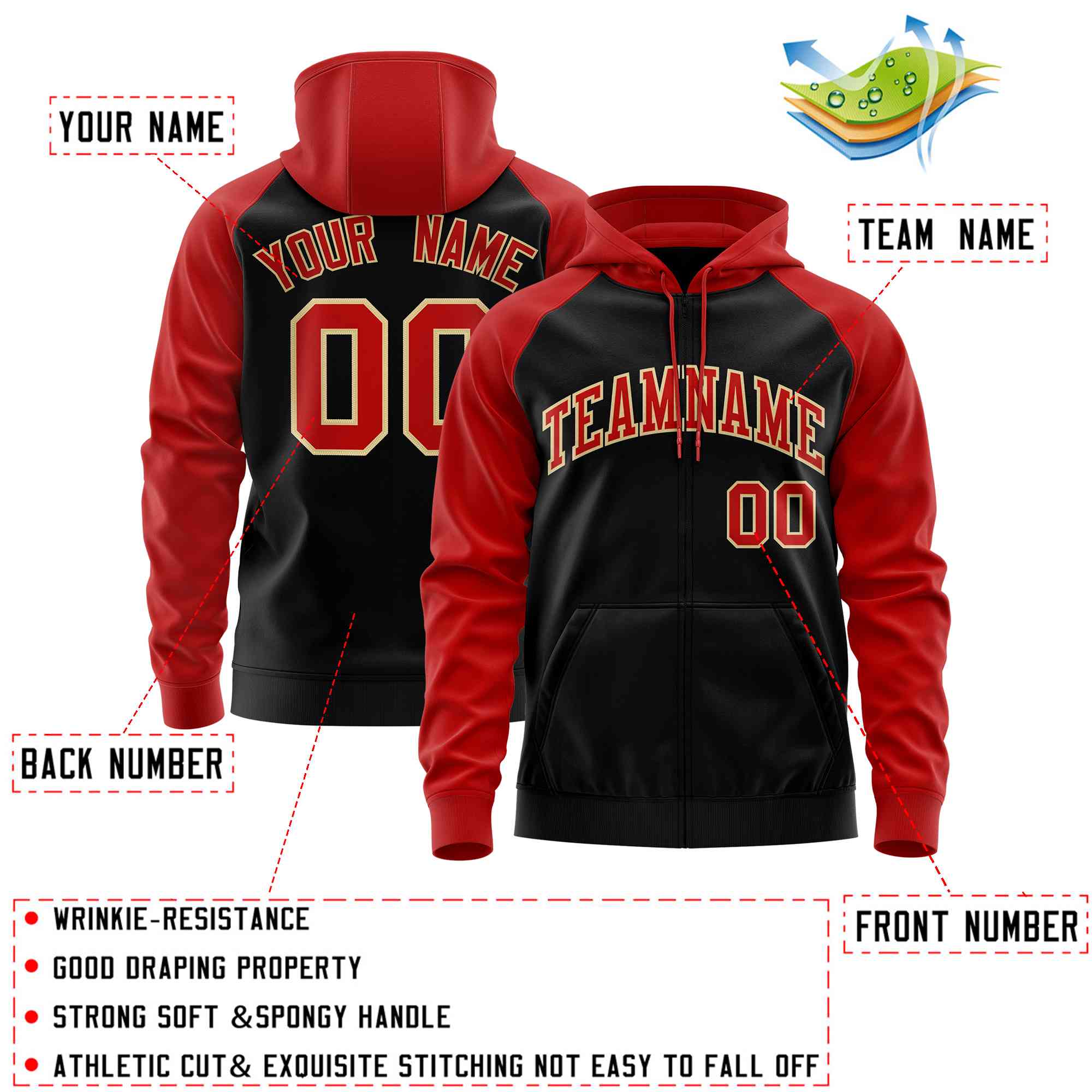 Custom Stitched Black Red Raglan Sleeves Sports Full-Zip Sweatshirt Hoodie