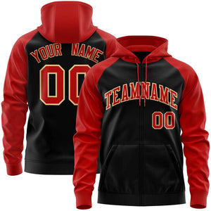 Custom Stitched Black Red Raglan Sleeves Sports Full-Zip Sweatshirt Hoodie