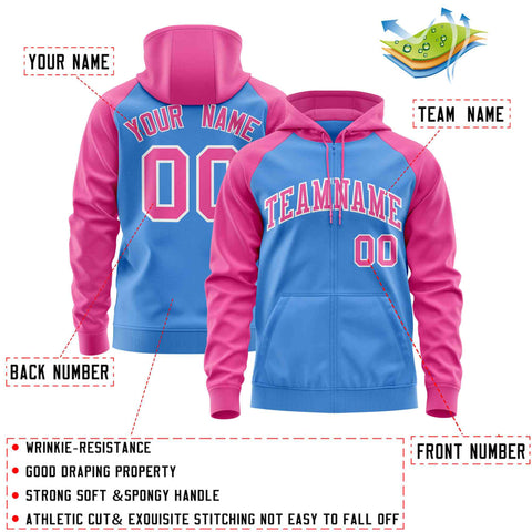 Custom Stitched Powder Blue Pink Raglan Sleeves Sports Full-Zip Sweatshirt Hoodie