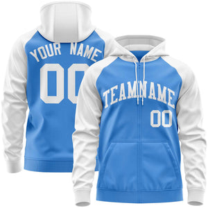 Custom Stitched Powder Blue White Raglan Sleeves Sports Full-Zip Sweatshirt Hoodie