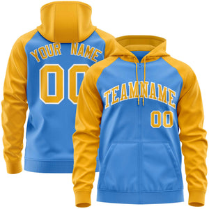 Custom Stitched Powder Blue Gold Raglan Sleeves Sports Full-Zip Sweatshirt Hoodie