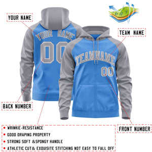 Custom Stitched Powder Blue Light Gray Raglan Sleeves Sports Full-Zip Sweatshirt Hoodie