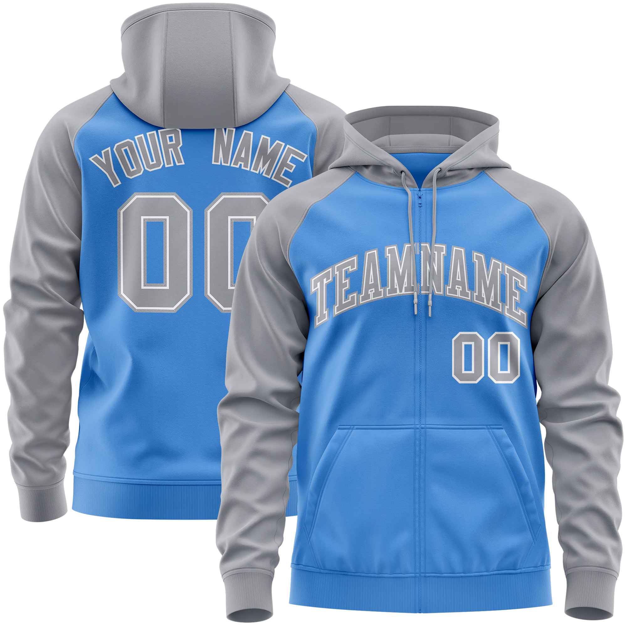 Custom Stitched Powder Blue Light Gray Raglan Sleeves Sports Full-Zip Sweatshirt Hoodie