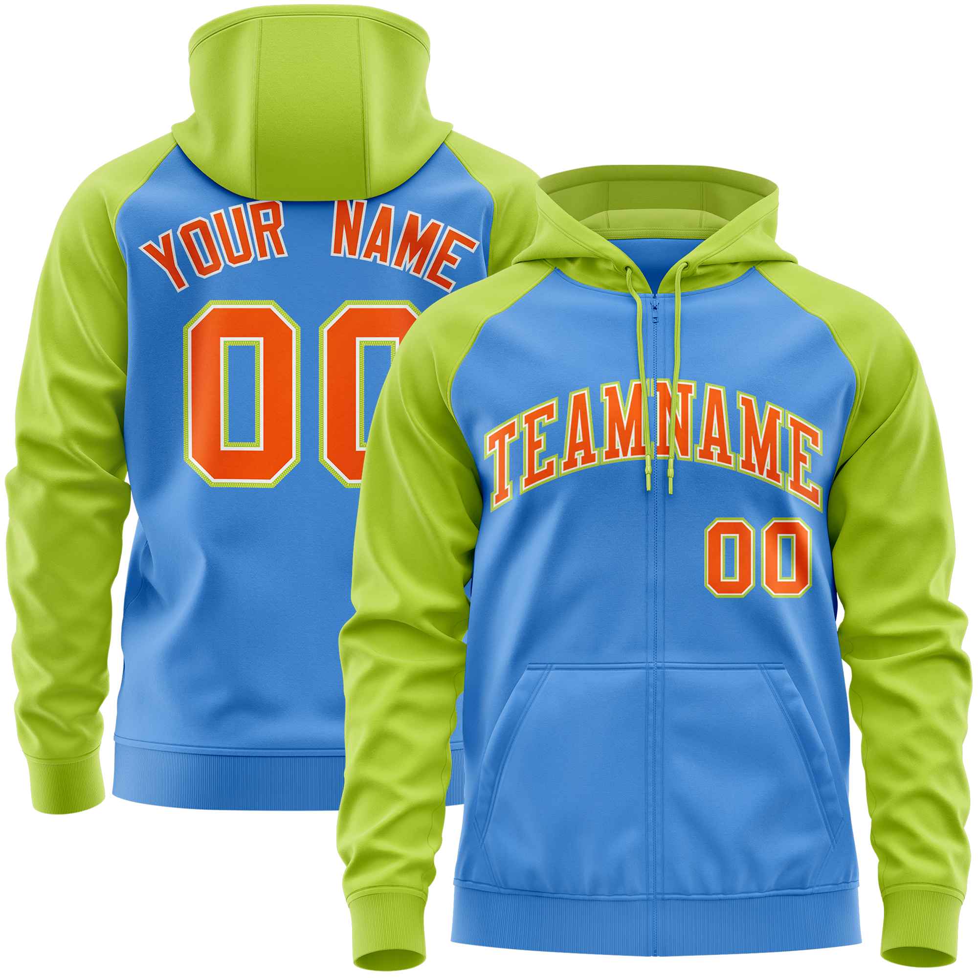 Custom Stitched Powder Blue Neon Green-Orange Raglan Sleeves Sports Full-Zip Sweatshirt Hoodie