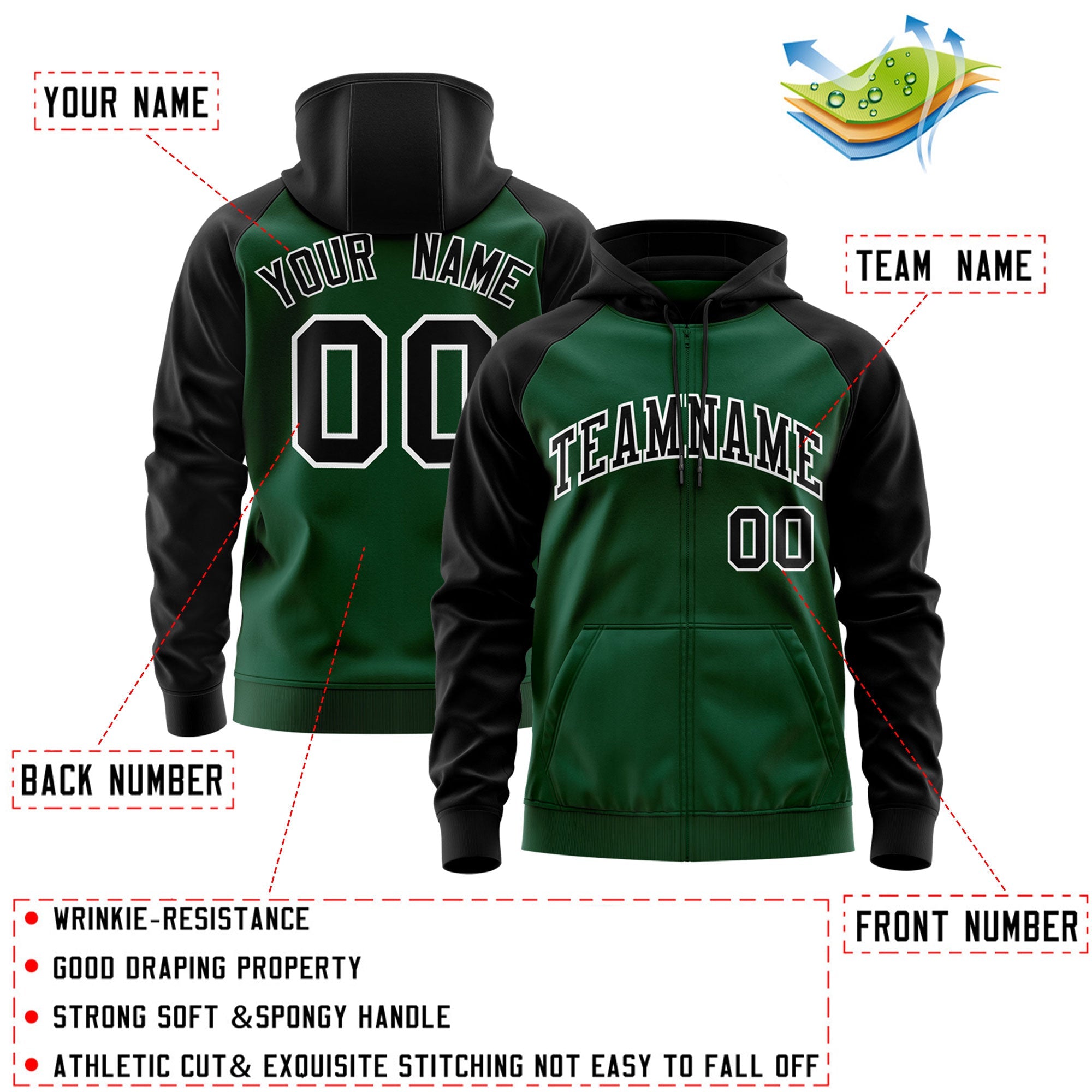 Custom Stitched Green Black-White Raglan Sleeves Sports Full-Zip Sweatshirt Hoodie