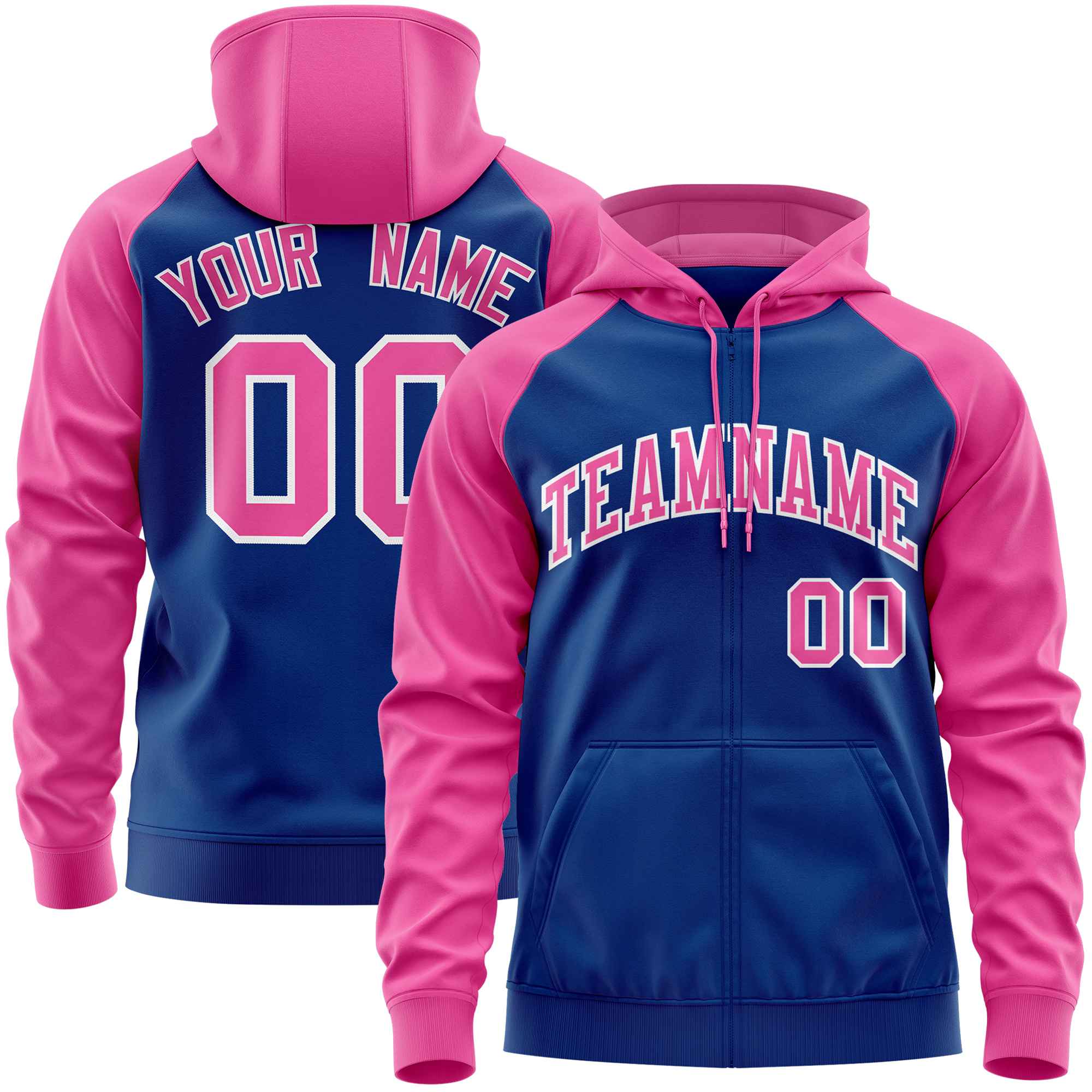 Custom Stitched Royal Pink Raglan Sleeves Sports Full-Zip Sweatshirt Hoodie