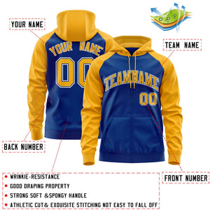 Custom Stitched Royal Gold Raglan Sleeves Sports Full-Zip Sweatshirt Hoodie