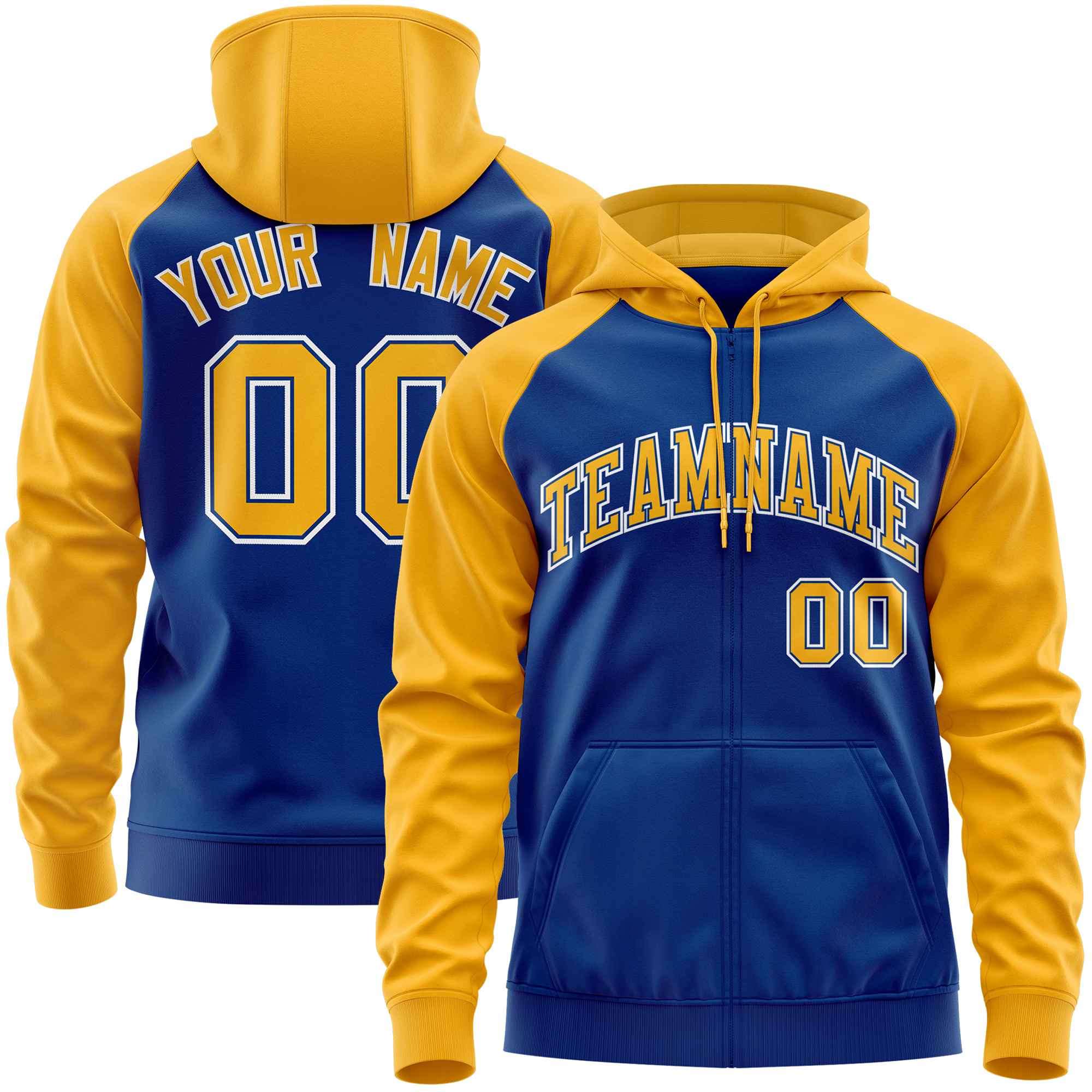 Custom Stitched Royal Gold Raglan Sleeves Sports Full-Zip Sweatshirt Hoodie