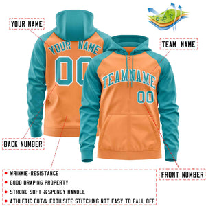 Custom Stitched Light Orange Aqua Raglan Sleeves Sports Full-Zip Sweatshirt Hoodie