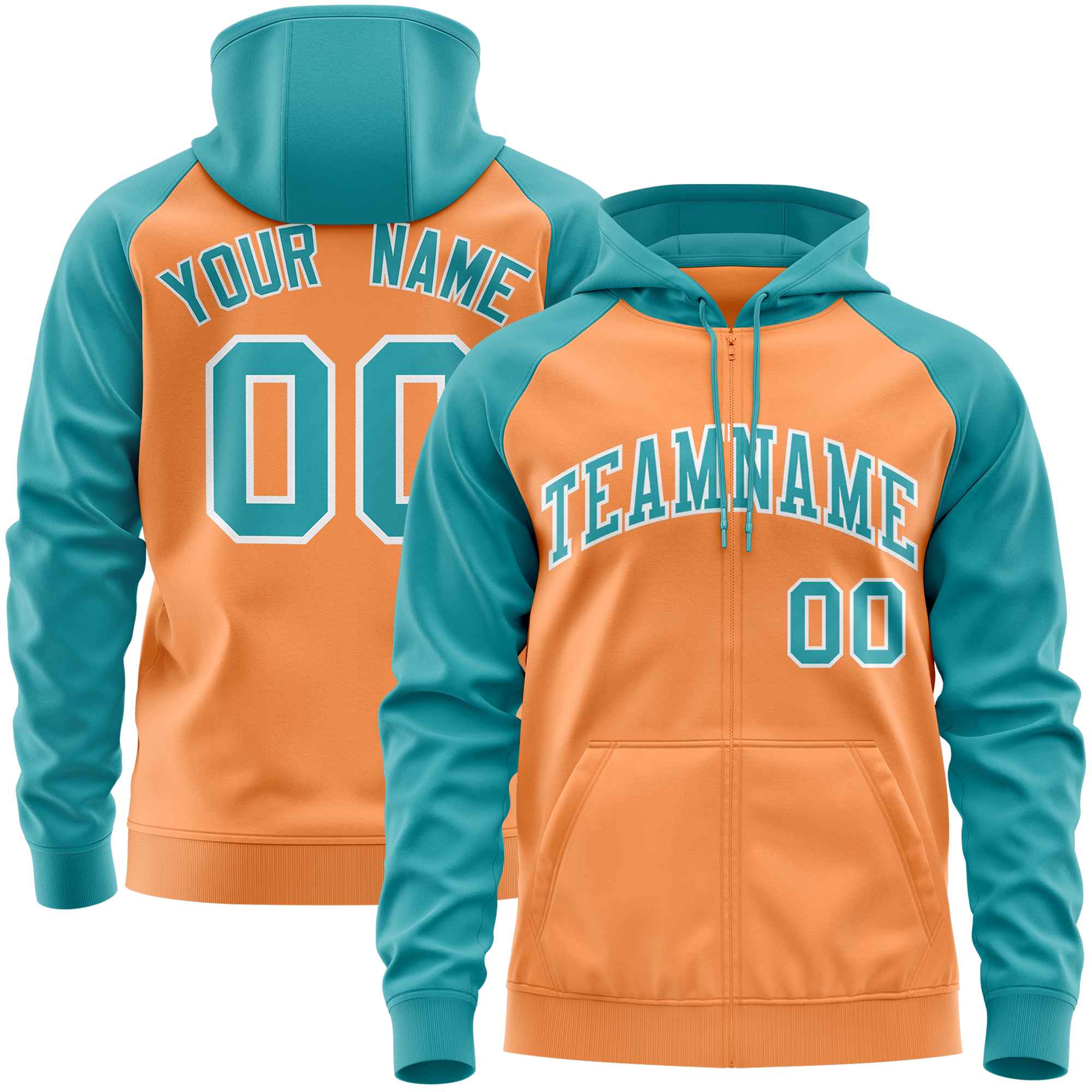 Custom Stitched Light Orange Aqua Raglan Sleeves Sports Full-Zip Sweatshirt Hoodie