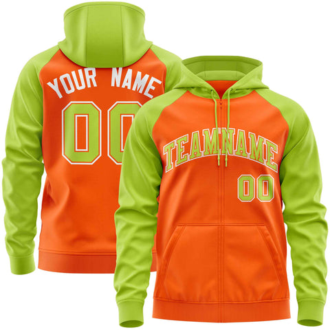 Custom Stitched Orange Neon Green Raglan Sleeves Sports Full-Zip Sweatshirt Hoodie
