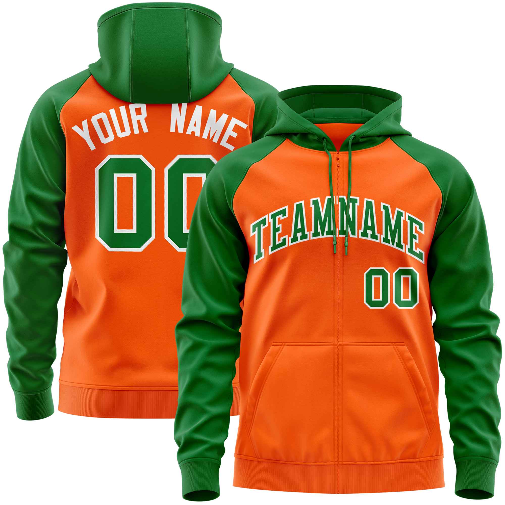 Custom Stitched Orange Kelly Green Raglan Sleeves Sports Full-Zip Sweatshirt Hoodie