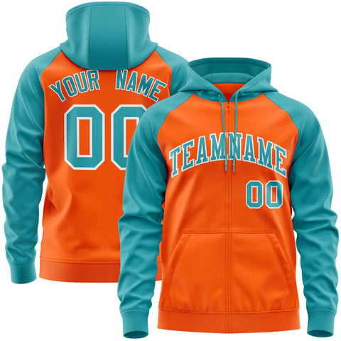Custom Stitched Orange Aqua Raglan Sleeves Sports Full-Zip Sweatshirt Hoodie
