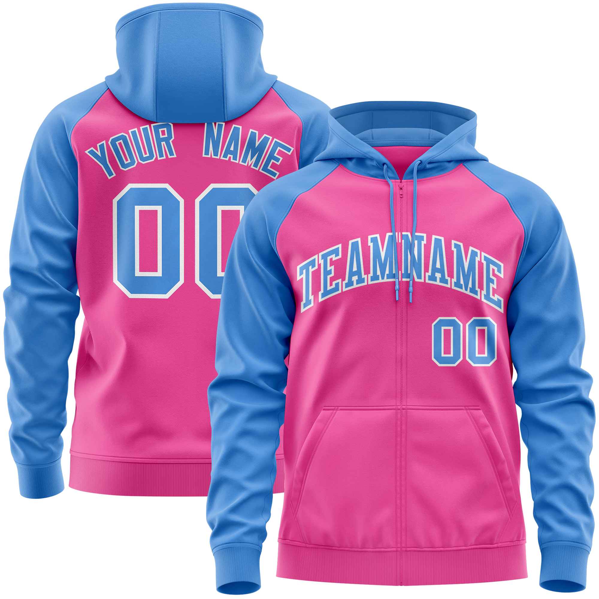 Custom Stitched Pink Powder Blue Raglan Sleeves Sports Full-Zip Sweatshirt Hoodie