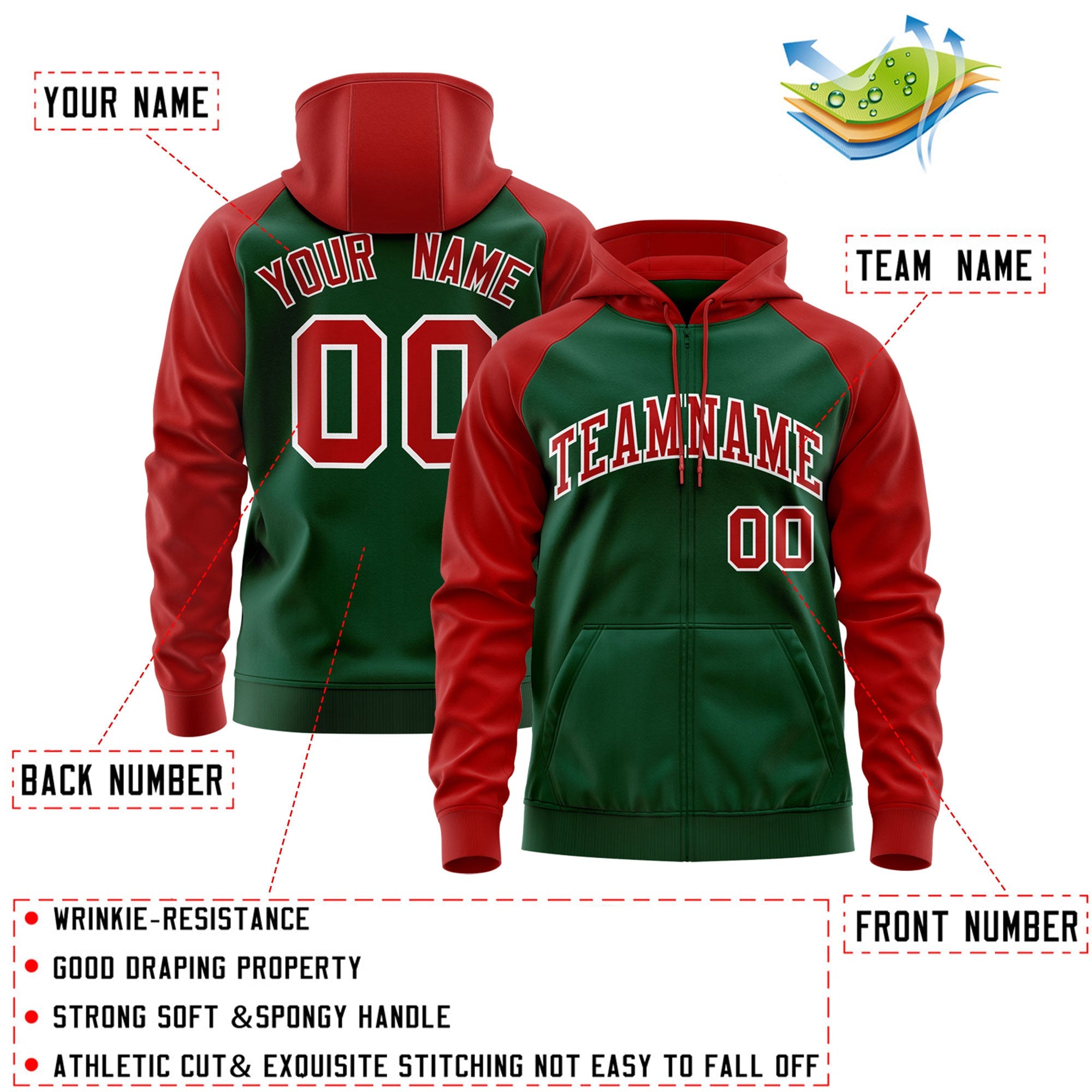 Custom Stitched Green Red-White Raglan Sleeves Sports Full-Zip Sweatshirt Hoodie