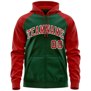 Custom Stitched Green Red-White Raglan Sleeves Sports Full-Zip Sweatshirt Hoodie