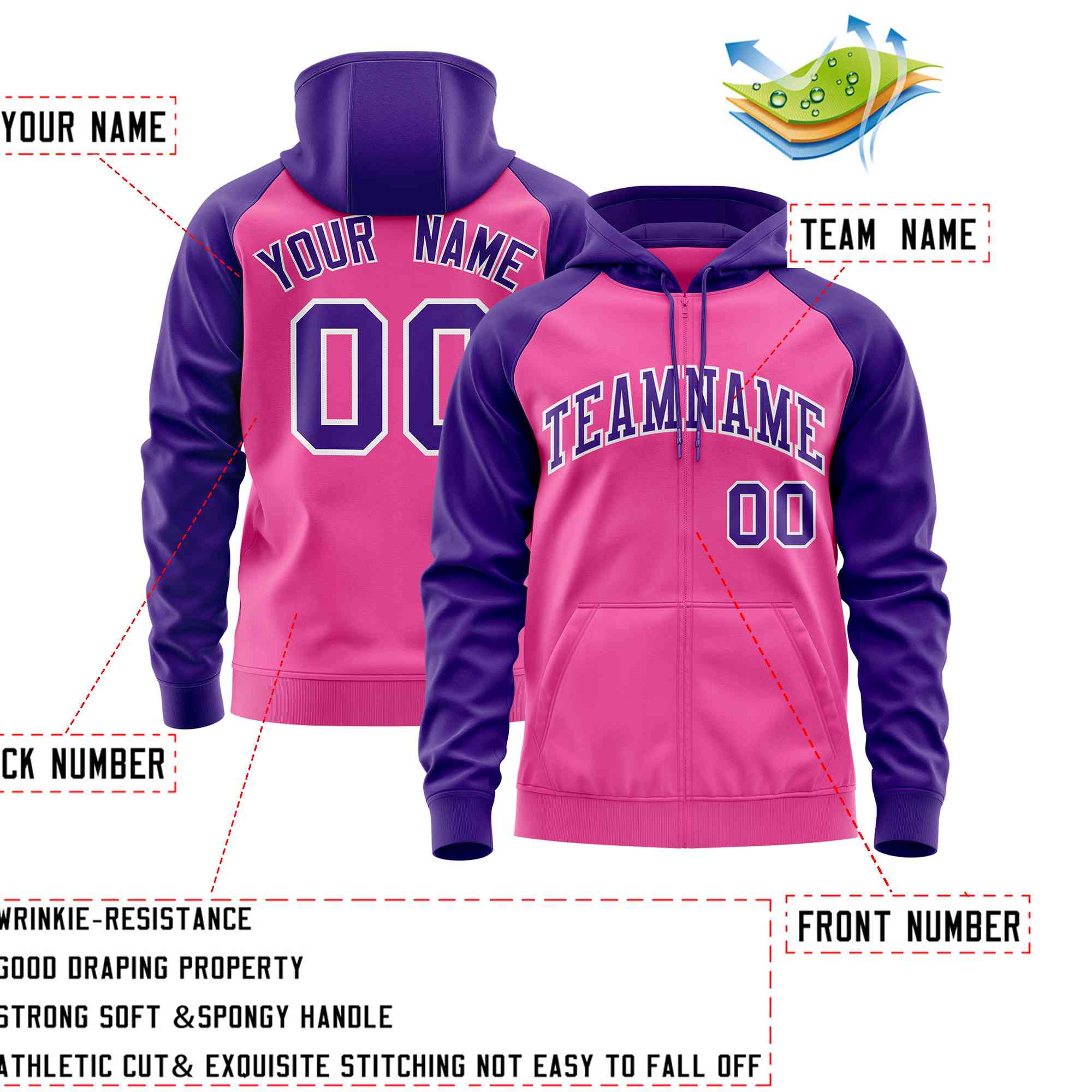 Custom Stitched Pink Purple Raglan Sleeves Sports Full-Zip Sweatshirt Hoodie