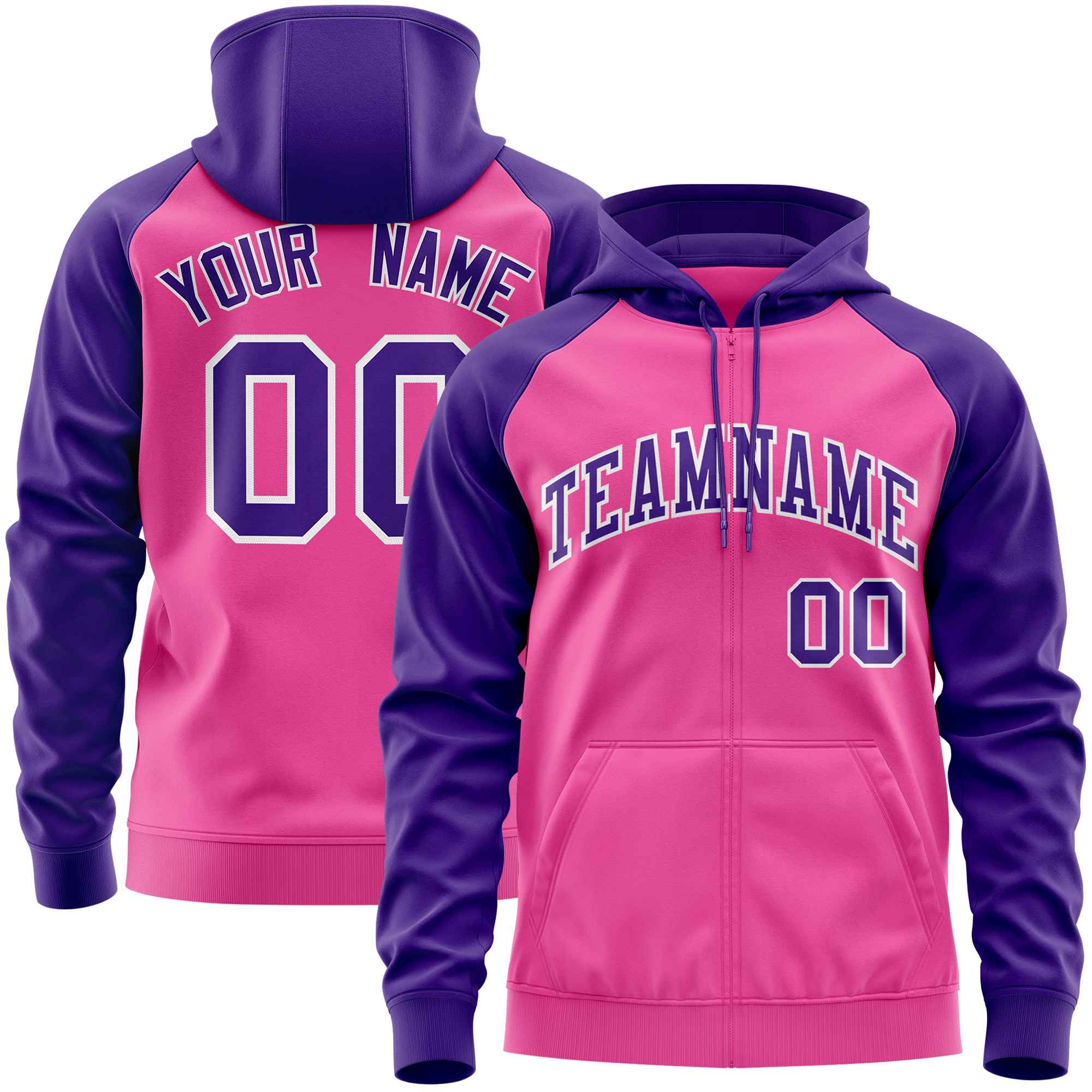 Custom Stitched Pink Purple Raglan Sleeves Sports Full-Zip Sweatshirt Hoodie